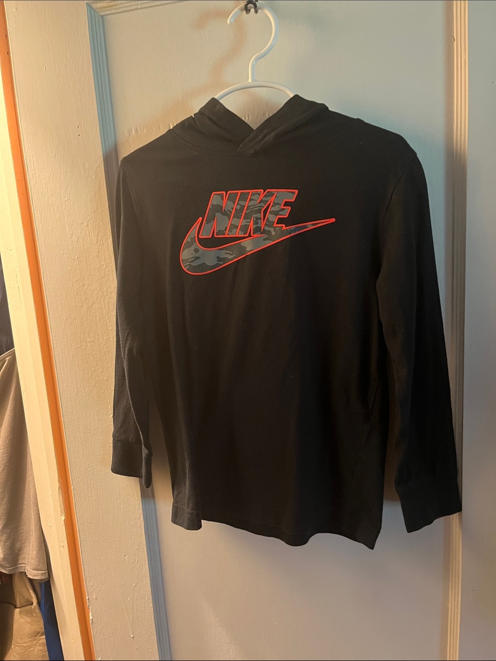 Nike Black Kids Hooded Long Sleeve Shirt with Red-Outlined Logo
